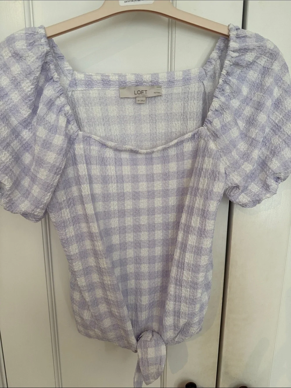 LOFT Lilac and White Gingham Puff Sleeve Tie-Front Top